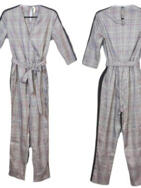 Anthropologie Solitaire Glen Plaid Jumpsuit Womens Size Small Black Belted Wrap